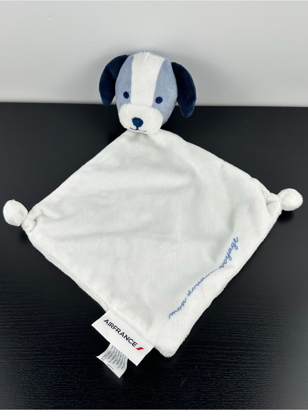 Air France Rare Puppy Dog Lovey Blanket 7" White Blue Mon Doudou Voyage Plush